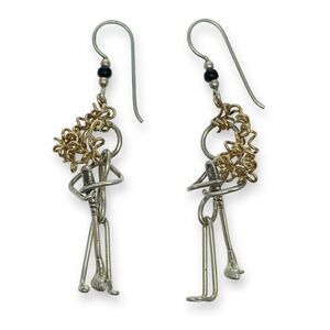 Vintage Sterling Silver 925 Brass Onyx Bead Golf Curly Hair Dangle Wire Earrings